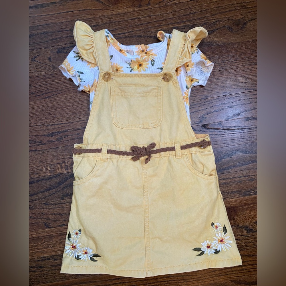 Little Lass- 4T Yellow Daisy Embroidered Girls' Pinafore Jumper Dress 2pc summer